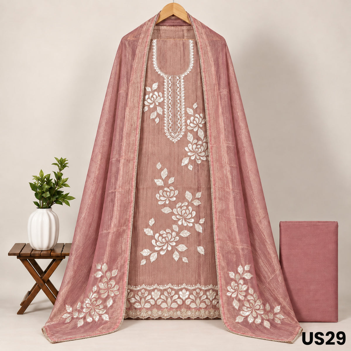 Dusty Pink Crush Tissue Gota Patti Embroidered Unstitched Suit Set - US29