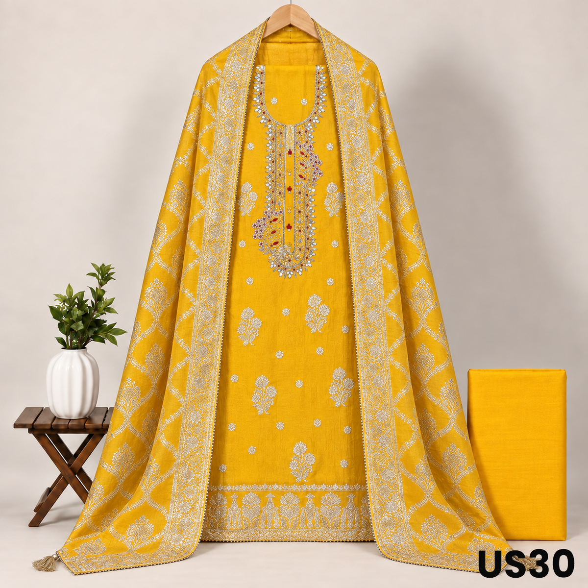 Mustard Yellow Dola Silk Banarasi Embroidered Unstitched Suit Set - US30