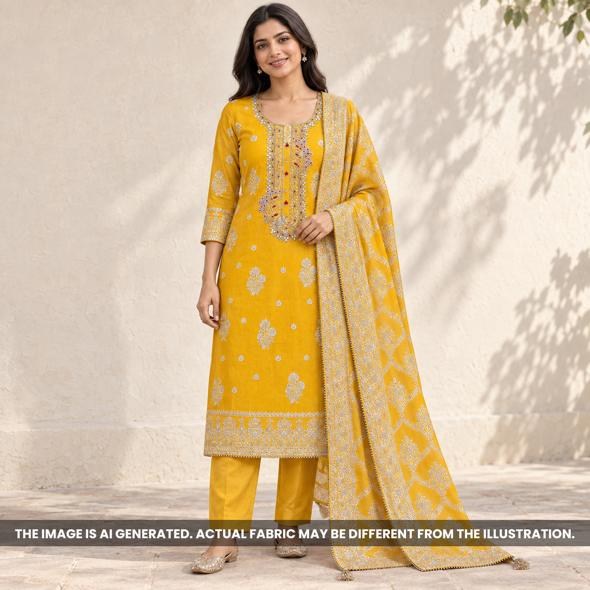 Mustard Yellow Dola Silk Banarasi Embroidered Unstitched Suit Set - US30