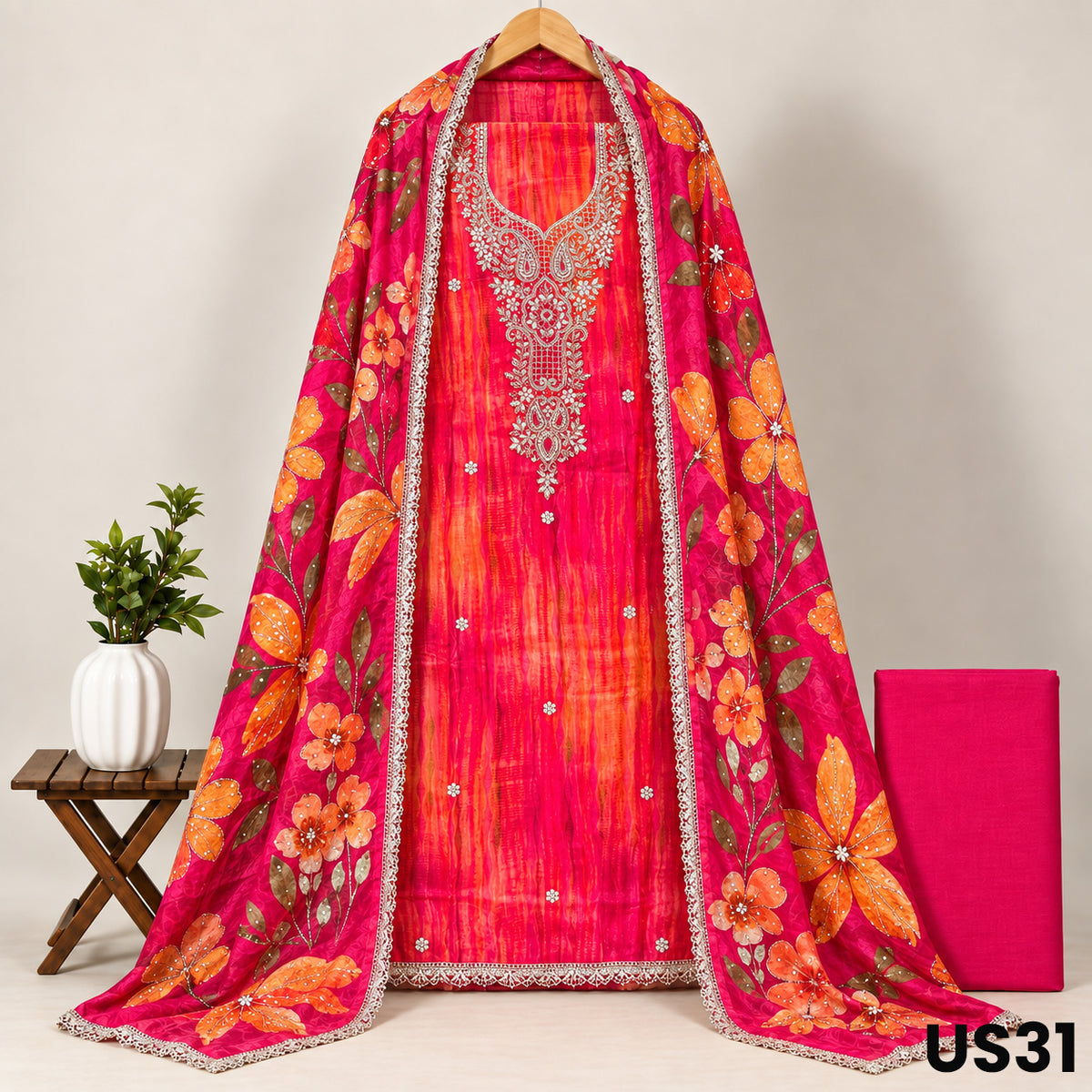 Pink & Orange Upada Silk Floral Embroidered Suit Set - US31