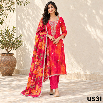 Pink & Orange Upada Silk Floral Embroidered Suit Set - US31