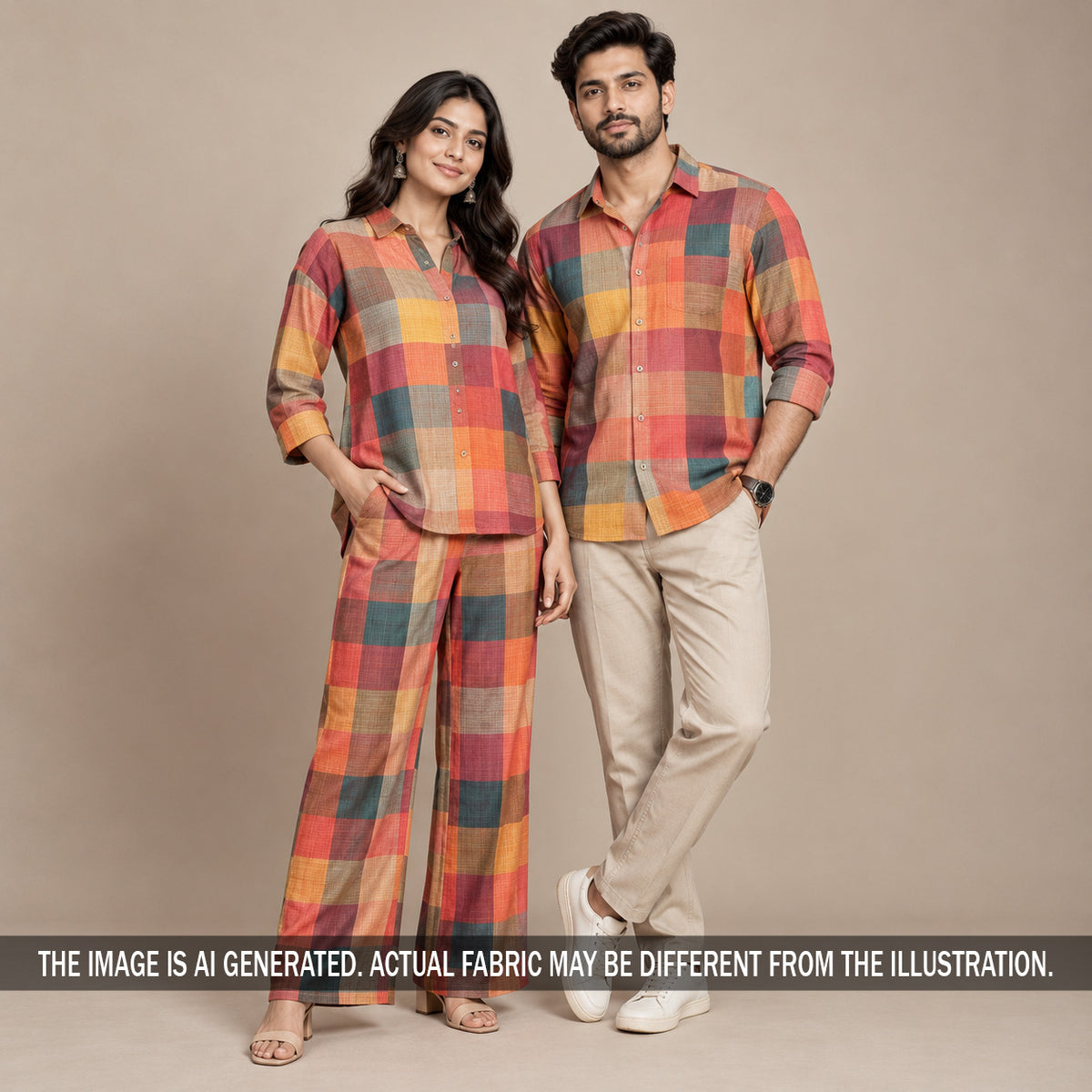 Multicolour Check Print Raw Silk Fabric - F7389