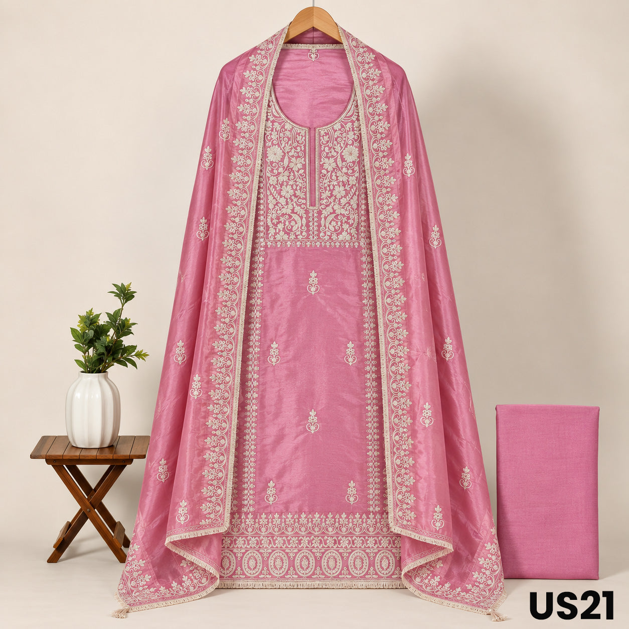 Rose Pink Tissue Silk Embroidered Unstitched Suit Set - US21