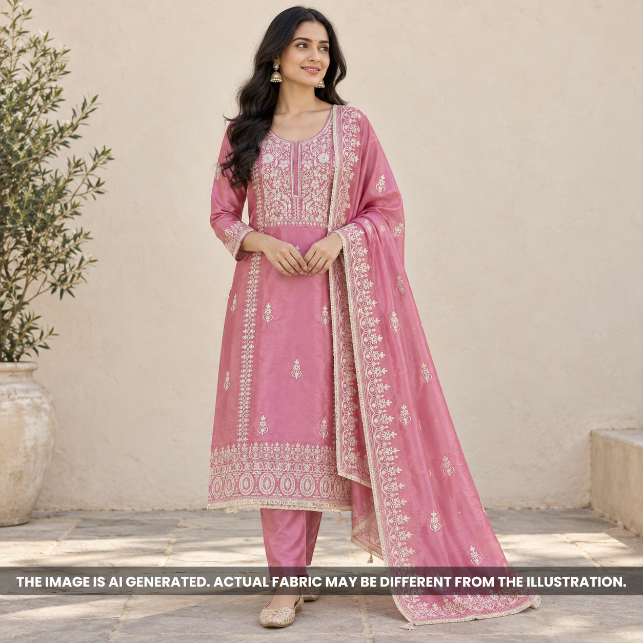 Rose Pink Tissue Silk Embroidered Unstitched Suit Set - US21