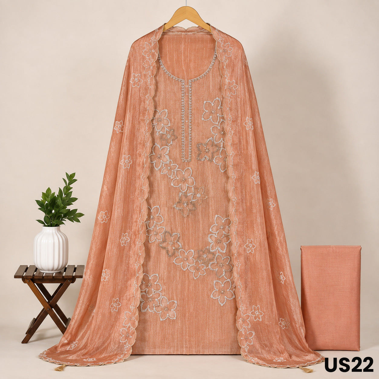 Peach Crush Tissue Embroidered Unstitched Suit Set - US22