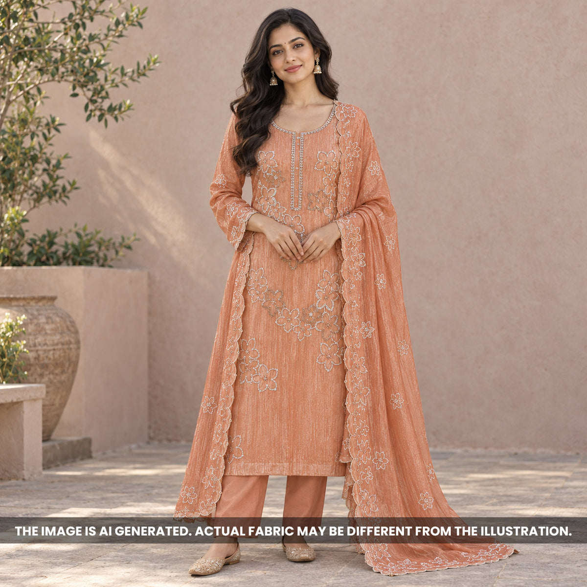 Peach Crush Tissue Embroidered Unstitched Suit Set - US22