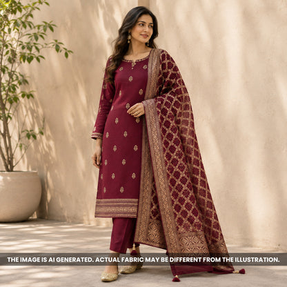 Maroon Pure Raw Silk Unstitched Suit Set - US14