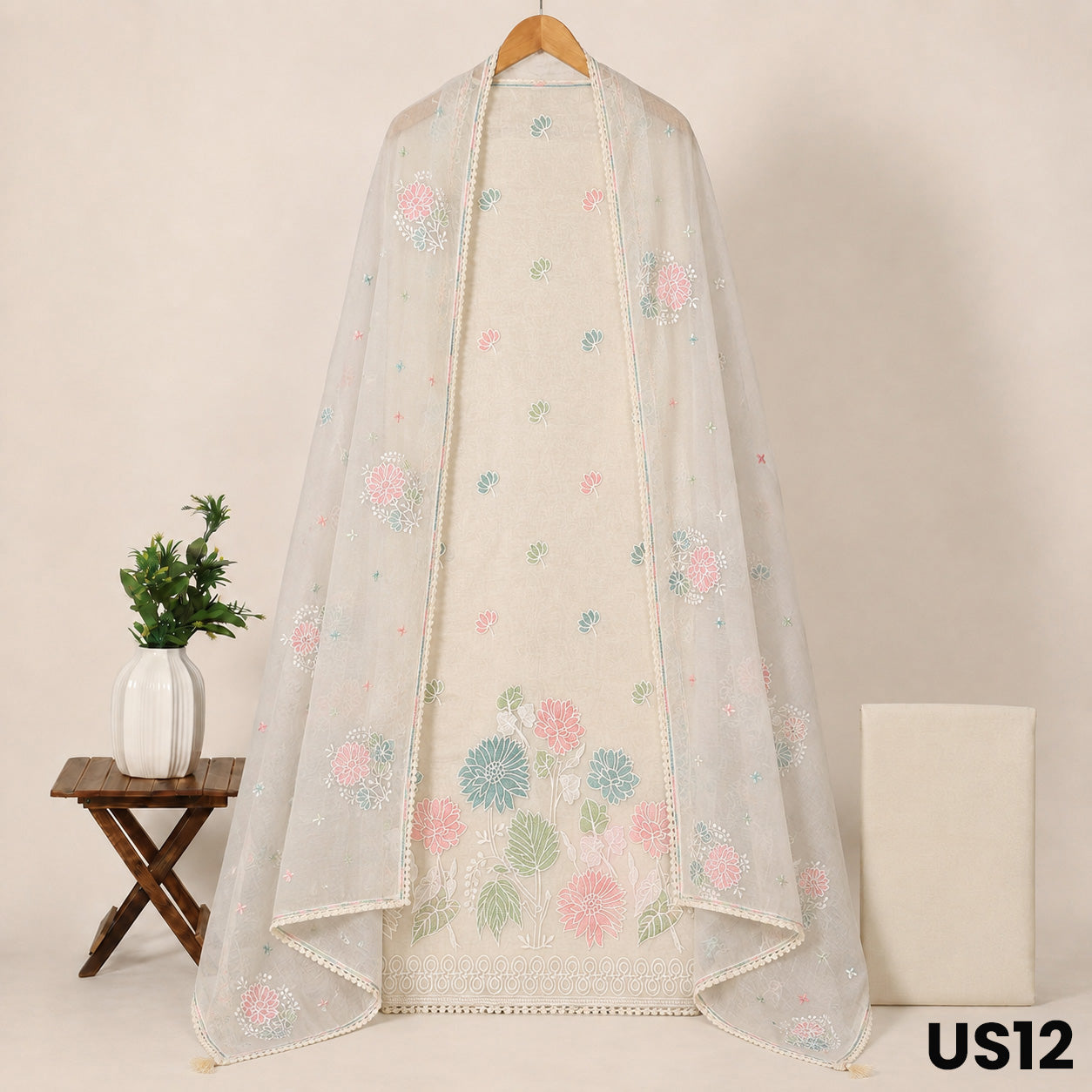 Cream Mul Chanderi Unstitched Suit Set - US12