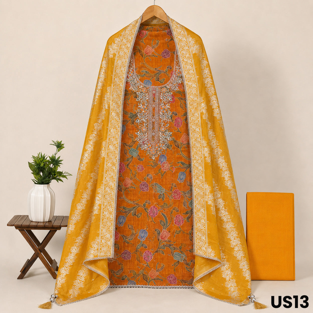 Mustard Yellow Dola Silk Embroidered Unstitched Suit Set - US13