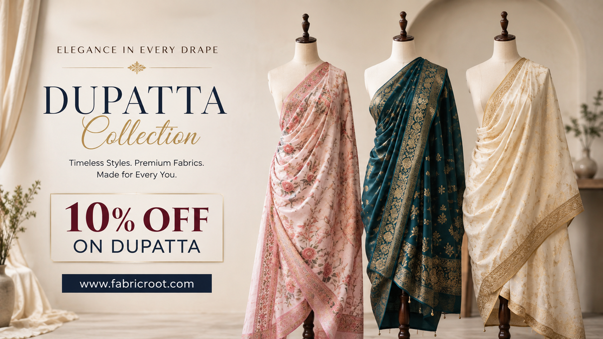 Premium dupatta collection featuring three elegant drapes on mannequins with 10% off, available at [www.fabricroot.com](http://www.fabricroot.com).
