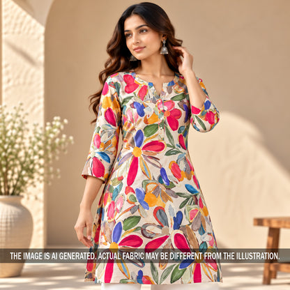 Printed Off White Multicolor Floral Glaze Cotton Fabric - F7718