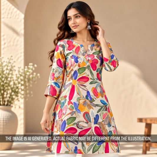 Printed Off White Multicolor Floral Glaze Cotton Fabric - F7718