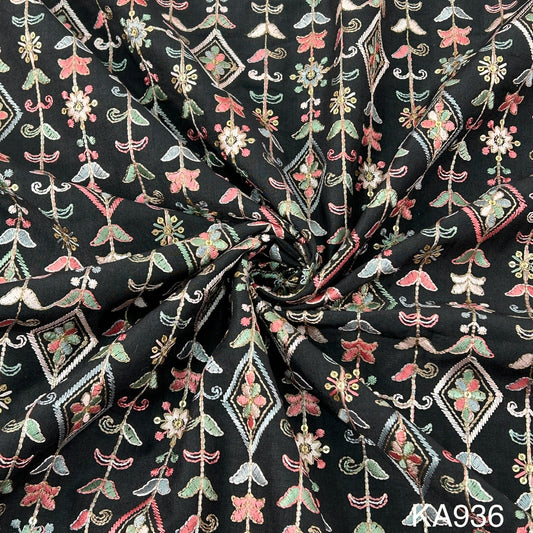 Thread Embroidered Sequins Cotton Silk Fabric KA936