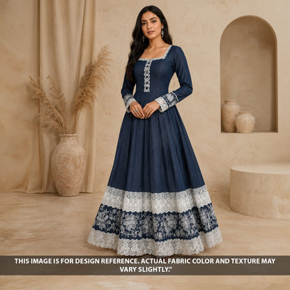 Thread Lace Work Denim Cotton Fabric - F6866
