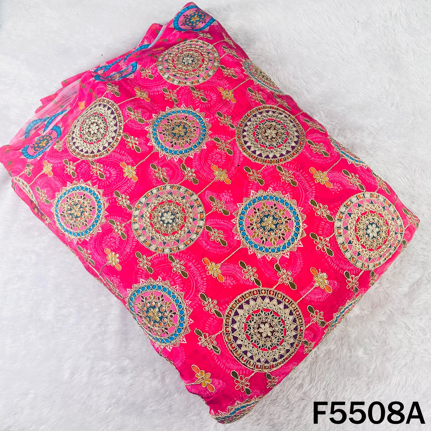 Positional Print Zari Sequins Embroidered Crepe Fabric - F5508