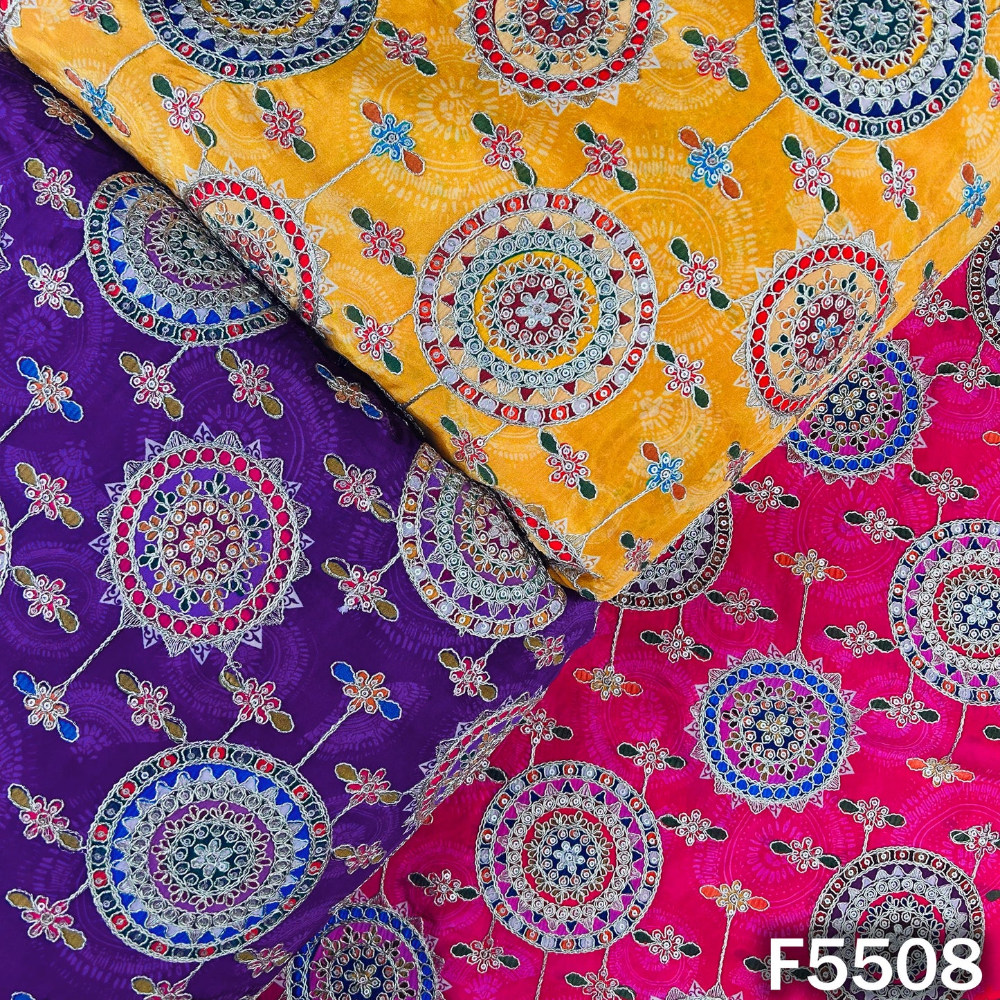 Positional Print Zari Sequins Embroidered Crepe Fabric - F5508