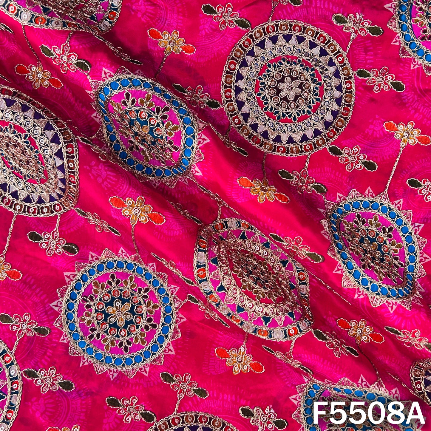 Positional Print Zari Sequins Embroidered Crepe Fabric - F5508