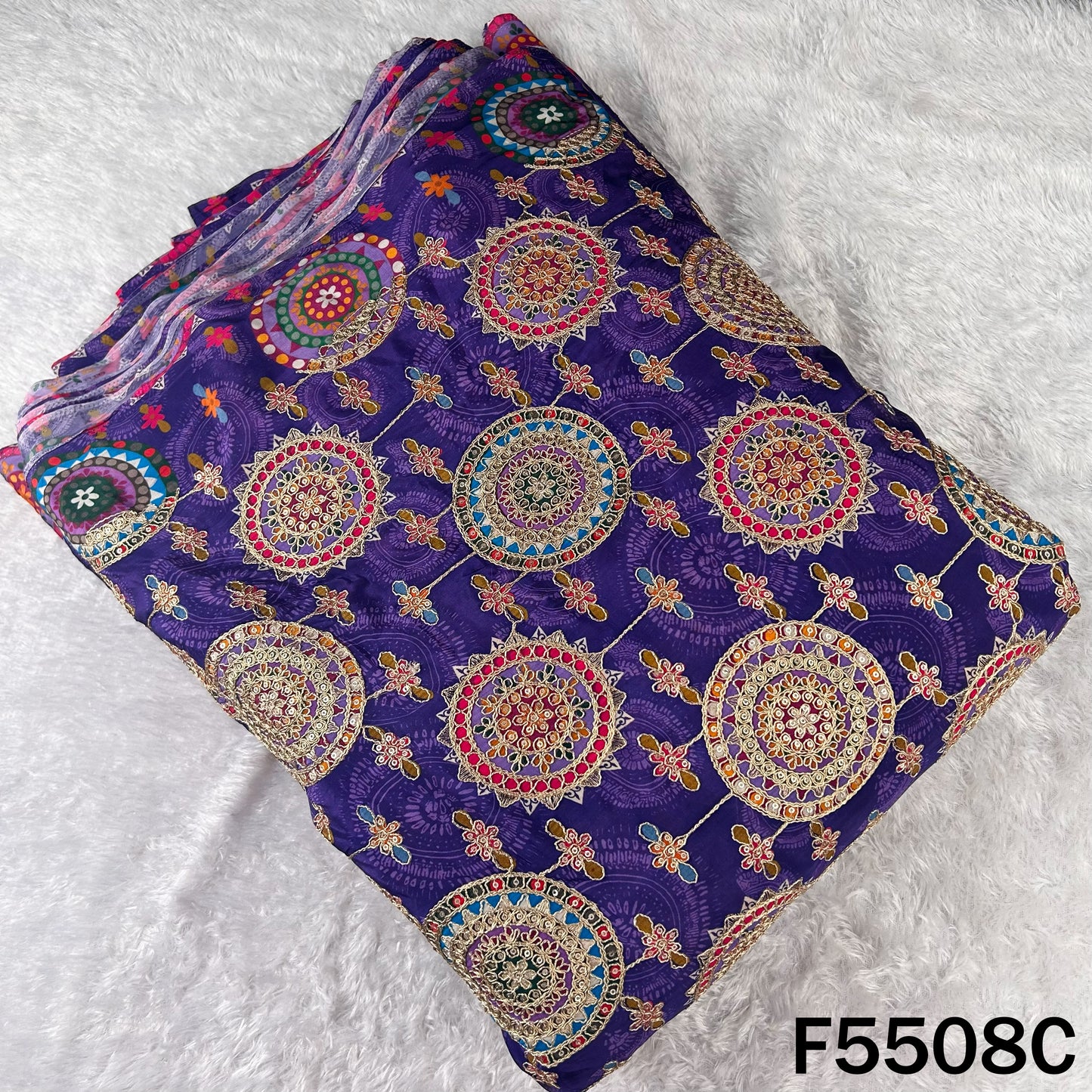 Positional Print Zari Sequins Embroidered Crepe Fabric - F5508