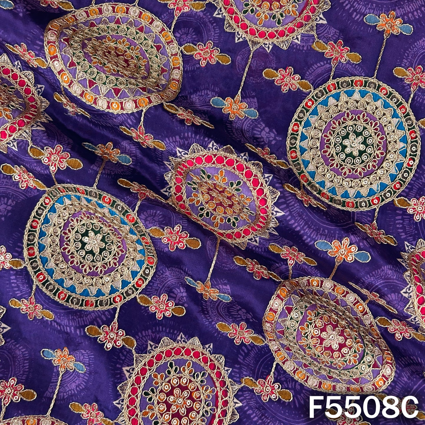 Positional Print Zari Sequins Embroidered Crepe Fabric - F5508