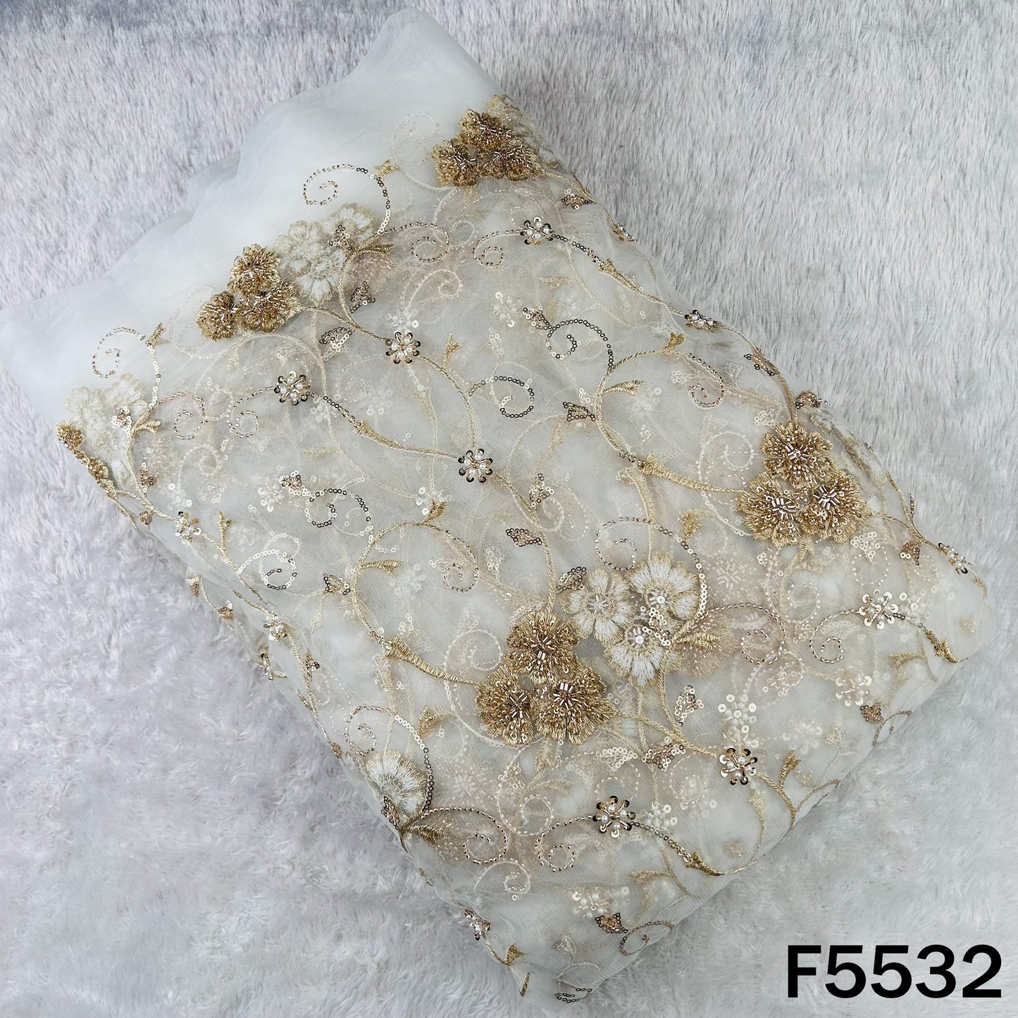 Dyeable Cut Dana Zari Sequins Pearl Embroidered Net Fabric - F5532