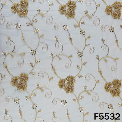 Dyeable Cut Dana Zari Sequins Pearl Embroidered Net Fabric - F5532