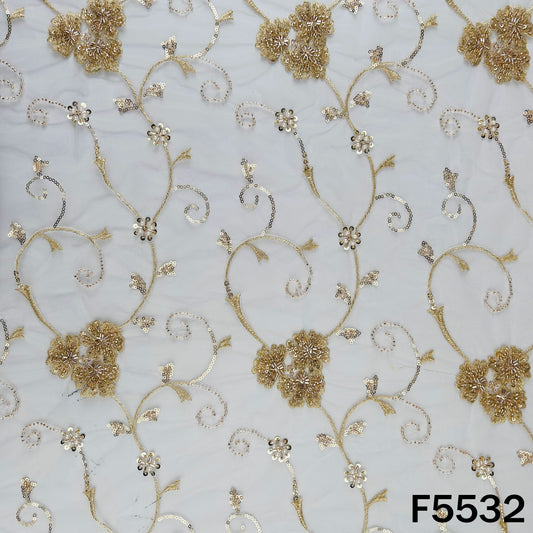 Dyeable Cut Dana Zari Sequins Pearl Embroidered Net Fabric - F5532