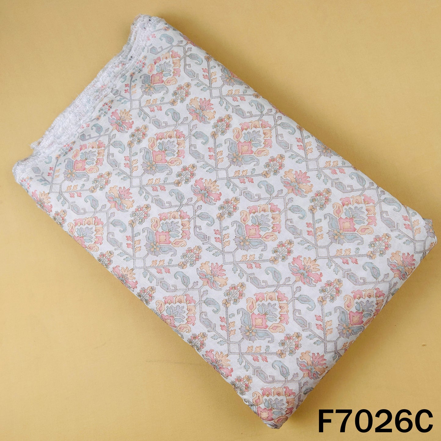 Positional Print Zari Sequins Work Dola Silk Fabric - F7026