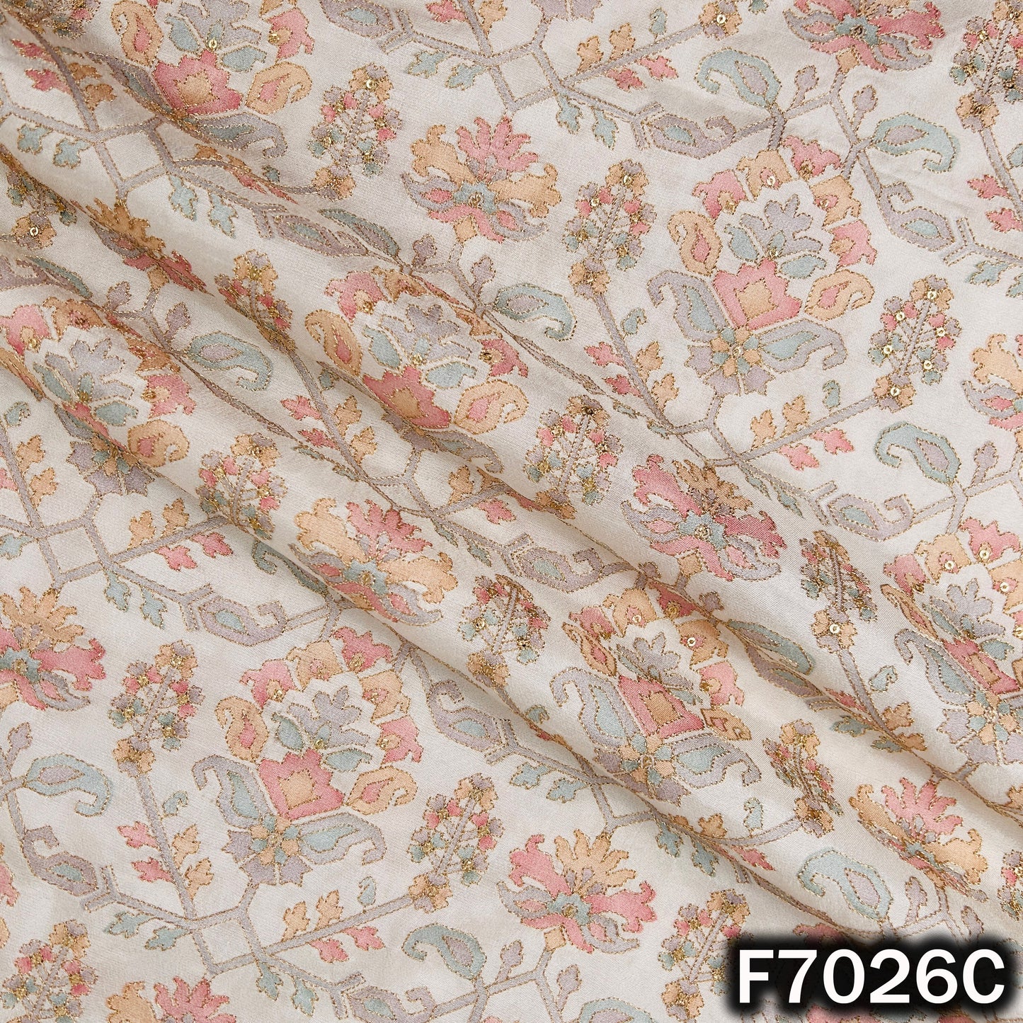 Positional Print Zari Sequins Work Dola Silk Fabric - F7026