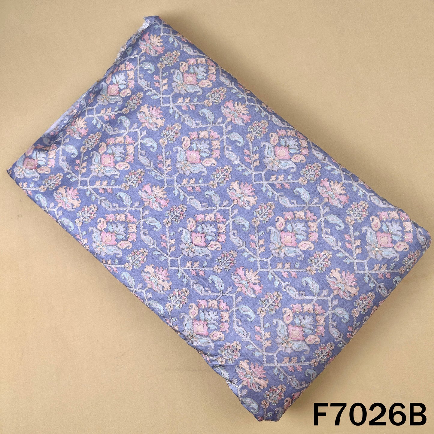 Positional Print Zari Sequins Work Dola Silk Fabric - F7026