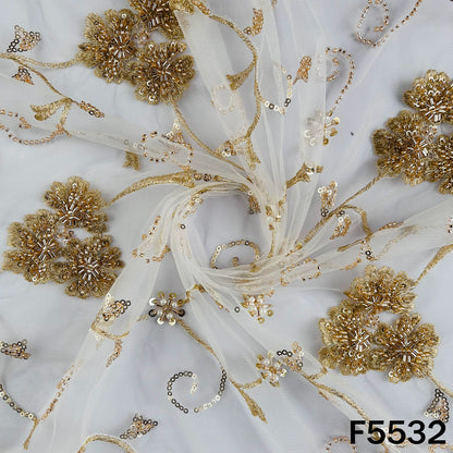 Dyeable Cut Dana Zari Sequins Pearl Embroidered Net Fabric - F5532