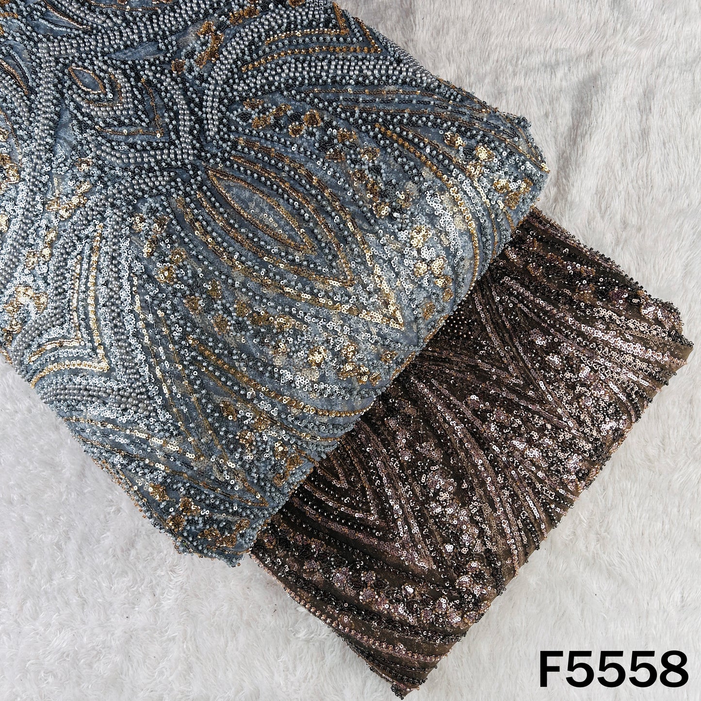 Cut Dana Sequins Pearl Embroidered Net Fabric - F5558