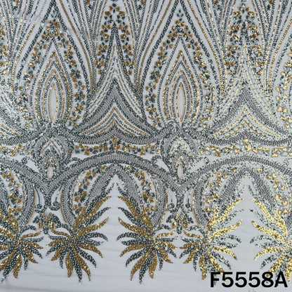 Cut Dana Sequins Pearl Embroidered Net Fabric - F5558