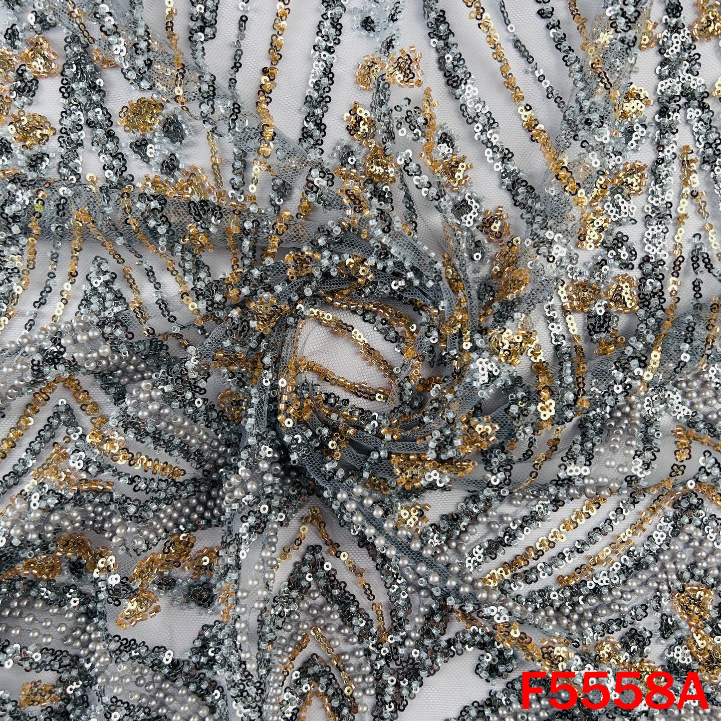 Cut Dana Sequins Pearl Embroidered Net Fabric - F5558
