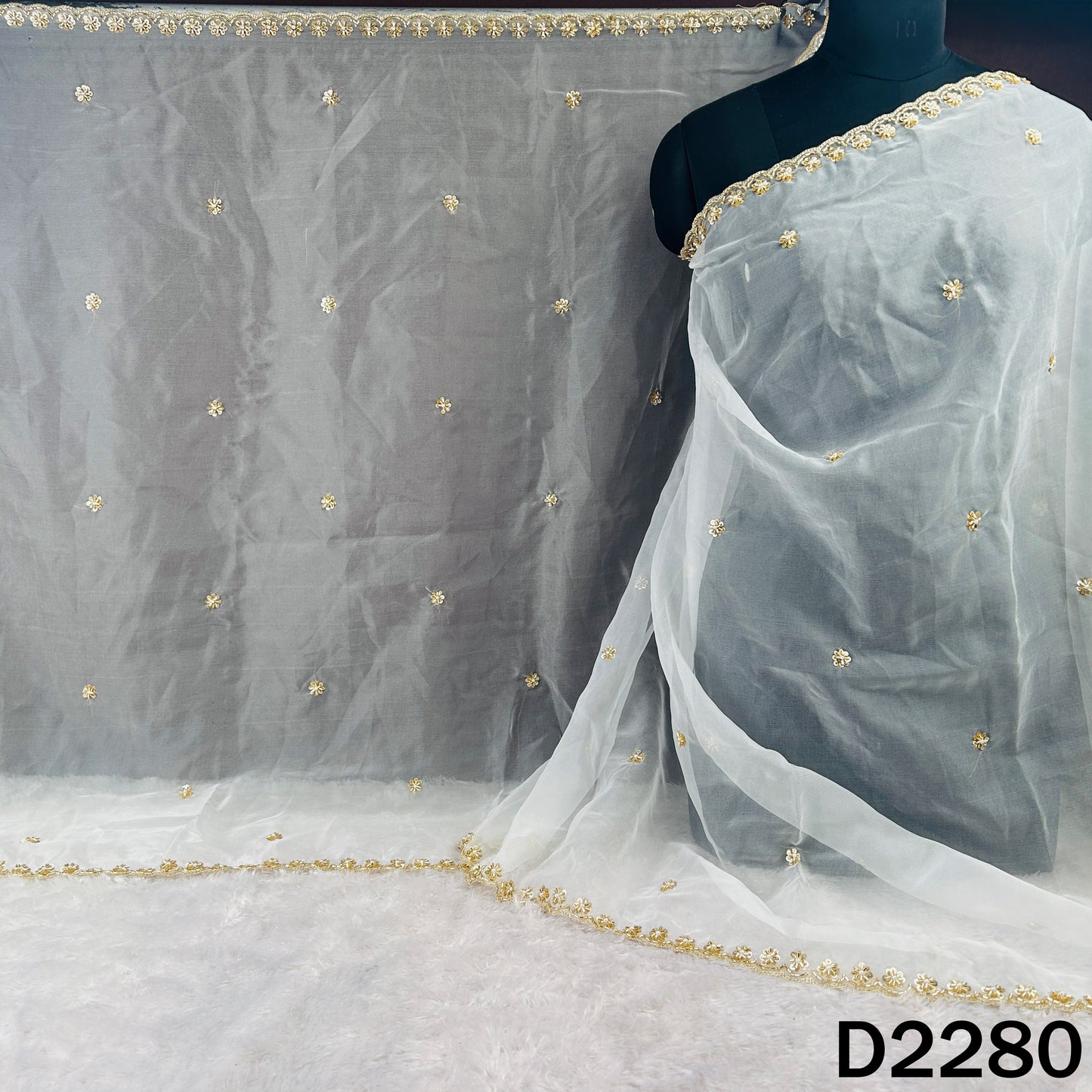 Dyeable Cut Dana Zari Sequins Work Organza Dupatta - D2280