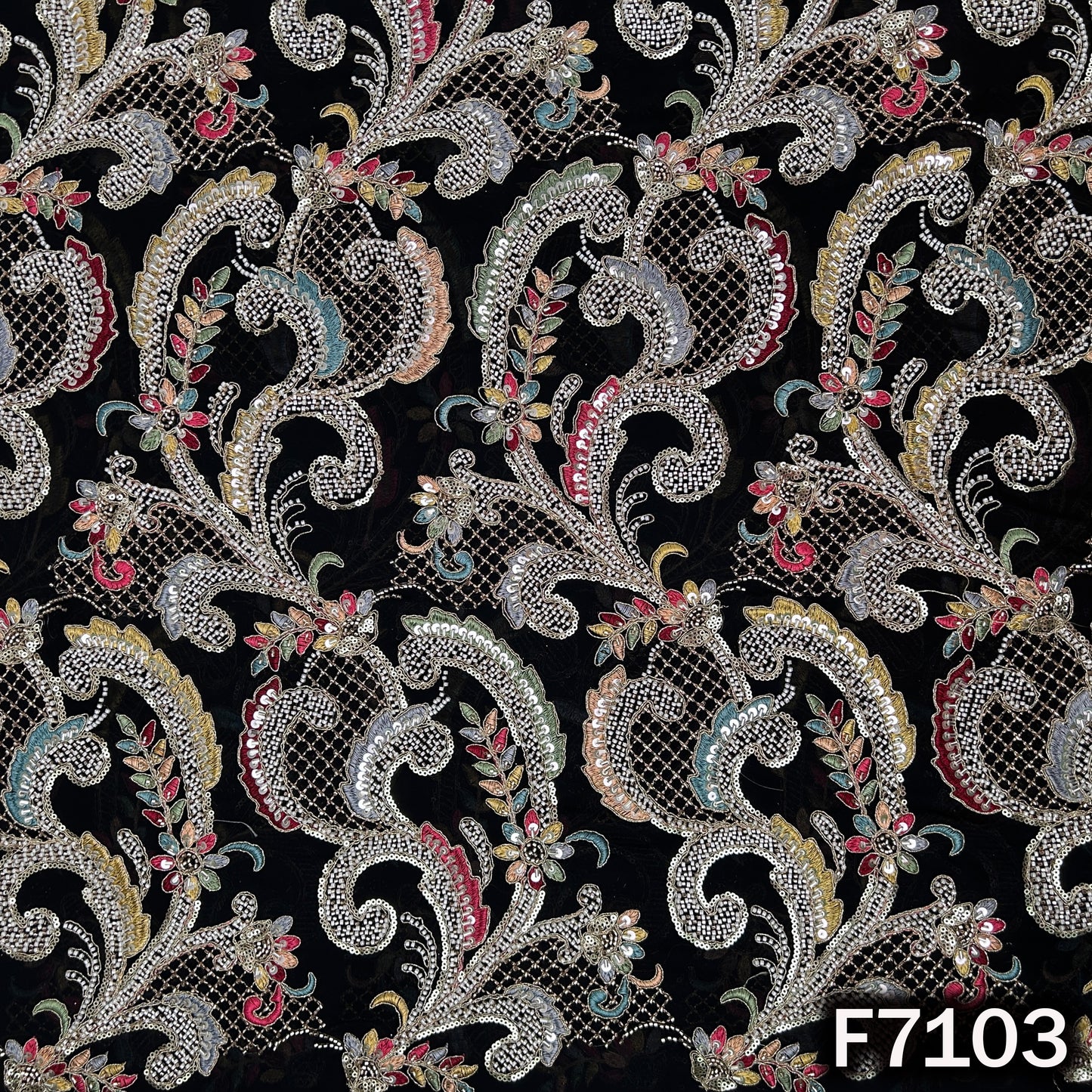 Cut Dana Thread Zari Sequins Embroidered Georgette Fabric - F7103
