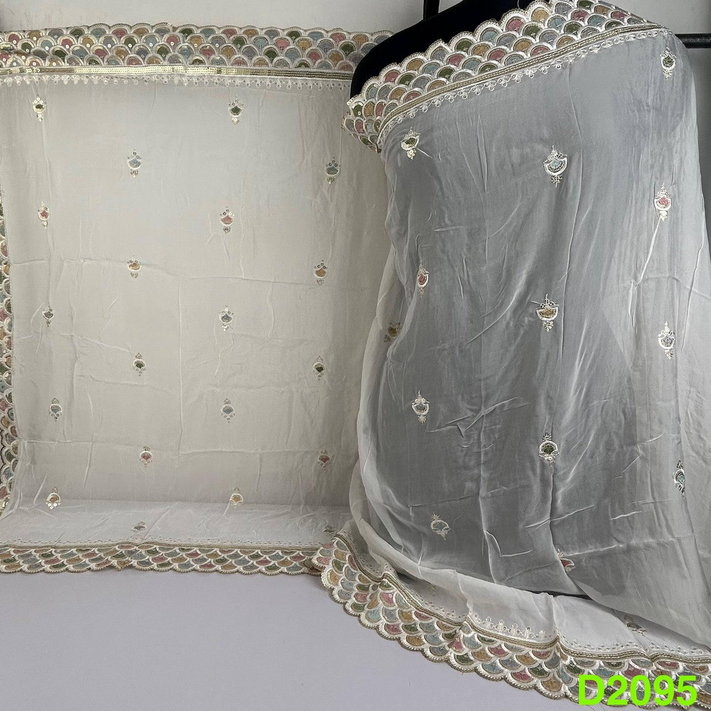 Dyeable Thread Sequins Embroidered Organza Dupatta-D2095