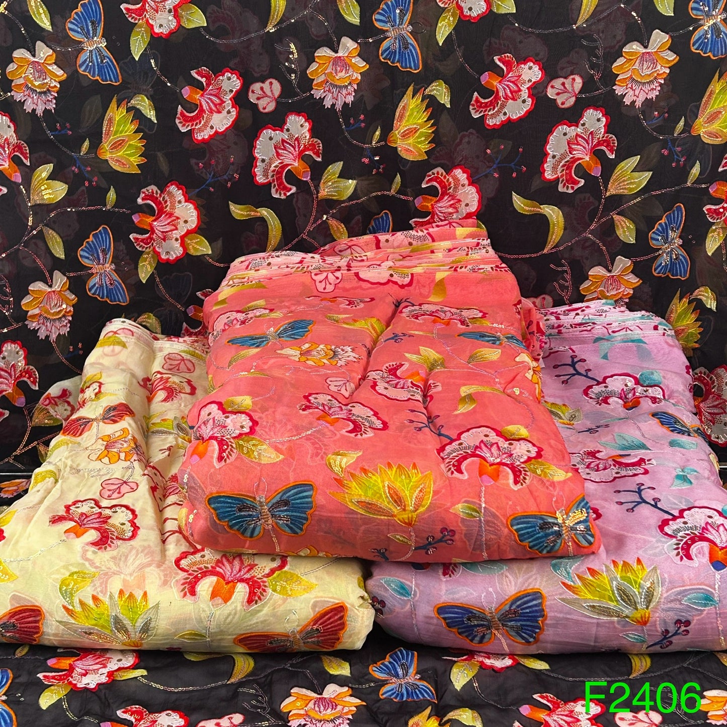 Thread Sequins Embroidered Organza Fabric-F2406