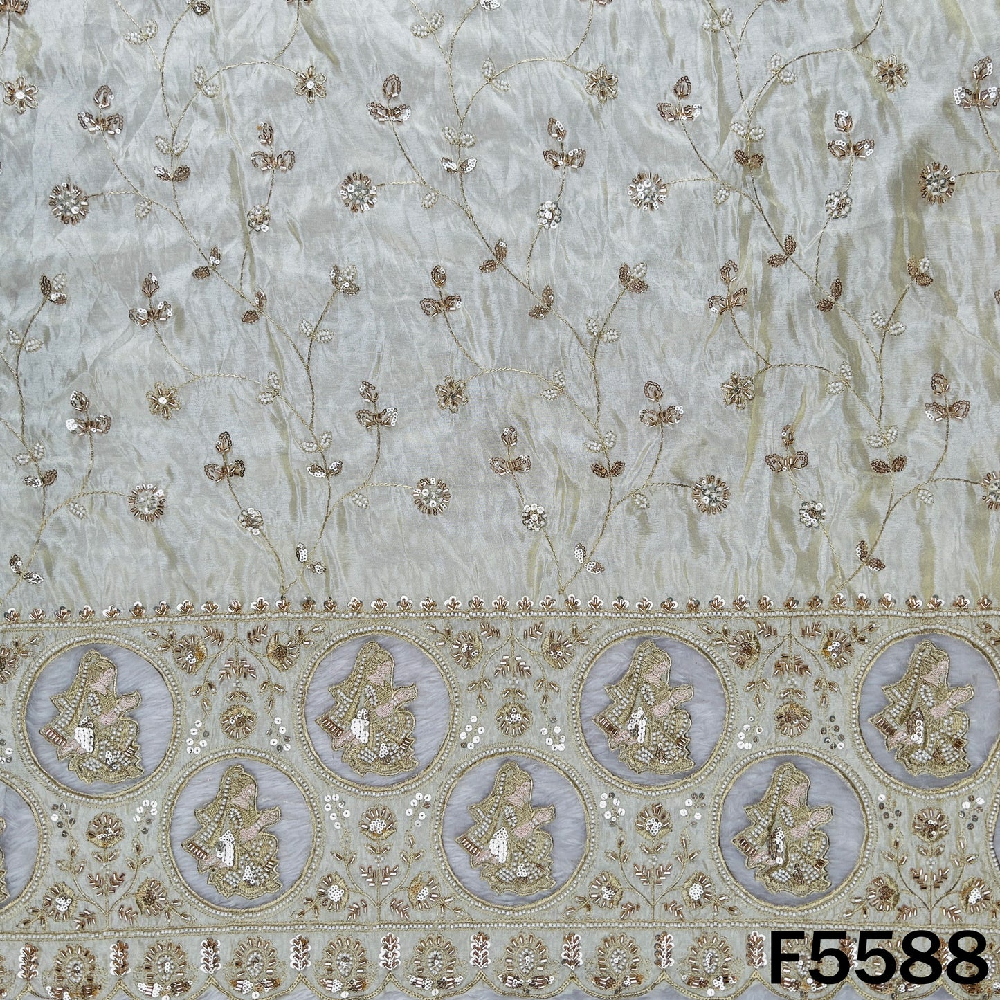 Dyeable Cut Dana Zari Sequins Pearl Embroidered Shimmer Tissue Fabric - F5588