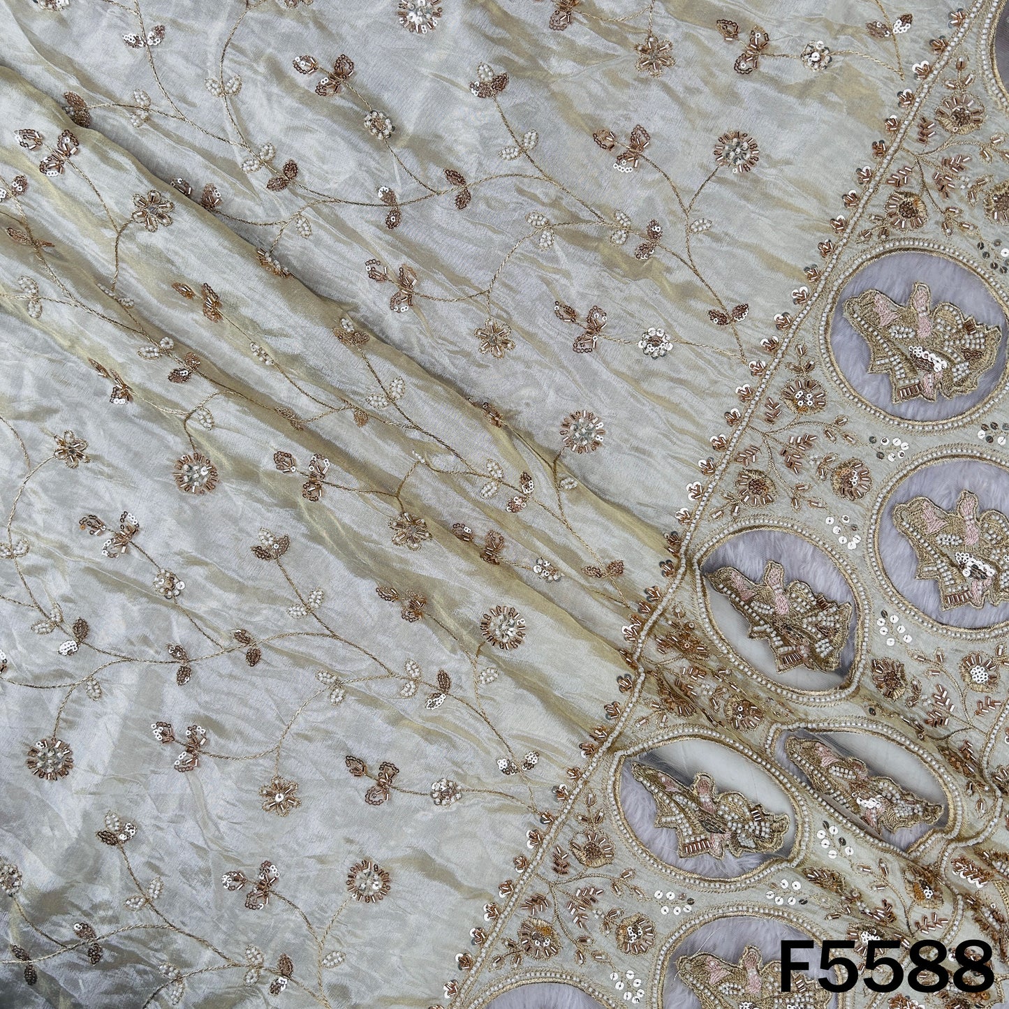 Dyeable Cut Dana Zari Sequins Pearl Embroidered Shimmer Tissue Fabric - F5588