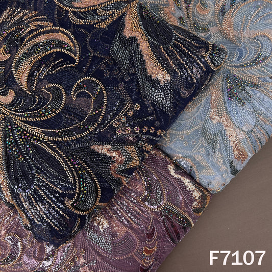 Cut Dana Sequins Crystal Beads Embroidered Net Fabric - F7107