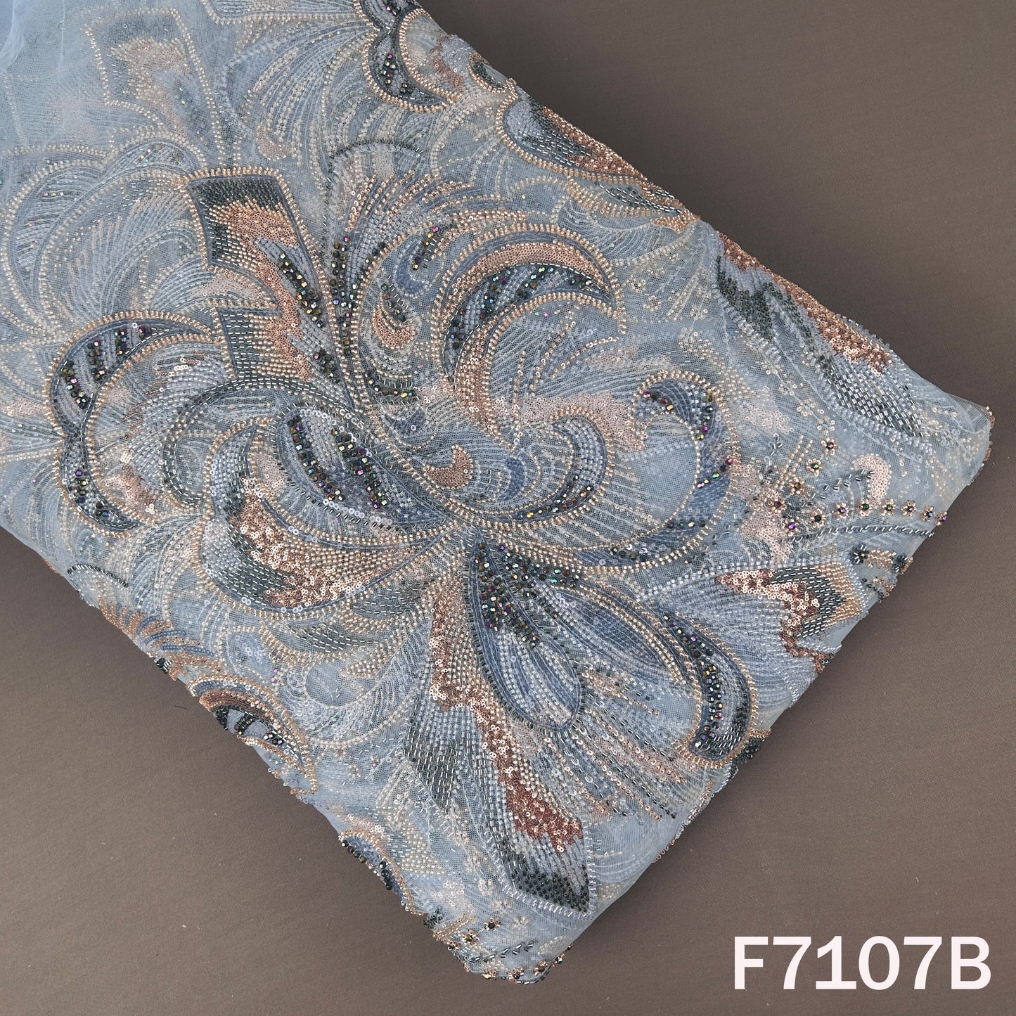 Cut Dana Sequins Crystal Beads Embroidered Net Fabric - F7107