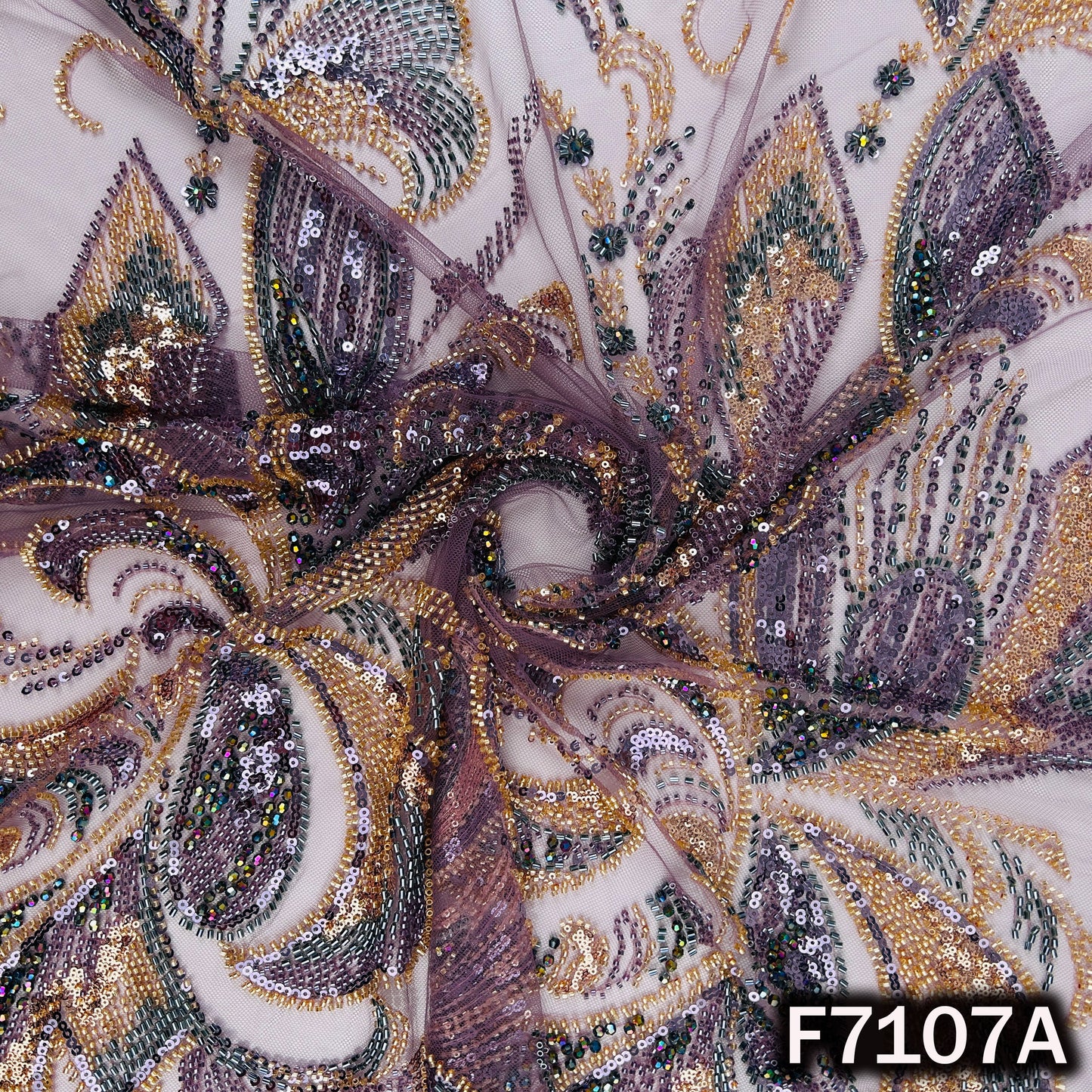 Cut Dana Sequins Crystal Beads Embroidered Net Fabric - F7107