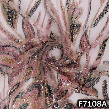 Cut Dana Sequins Crystal Beads Embroidered Net Fabric - F7108