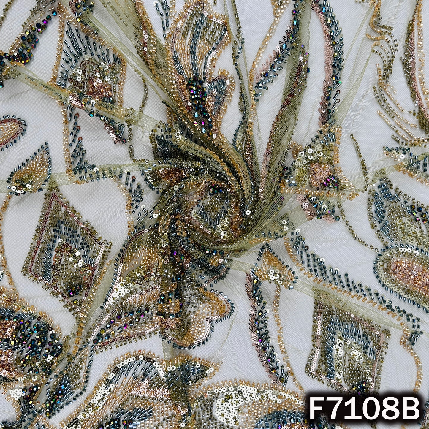 Cut Dana Sequins Crystal Beads Embroidered Net Fabric - F7108