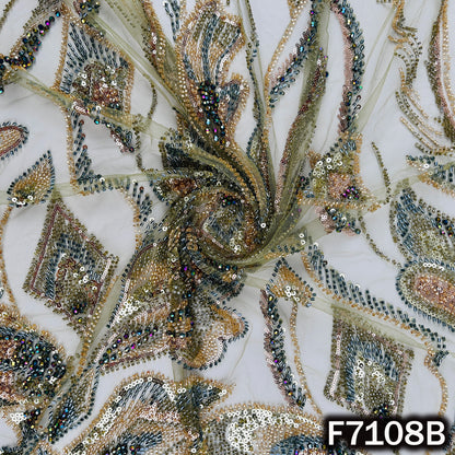 Cut Dana Sequins Crystal Beads Embroidered Net Fabric - F7108