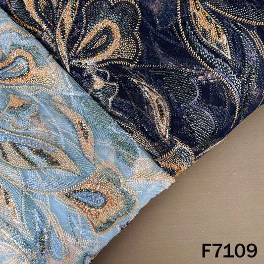 Cut Dana Sequins Crystal Beads Embroidered Net Fabric - F7109