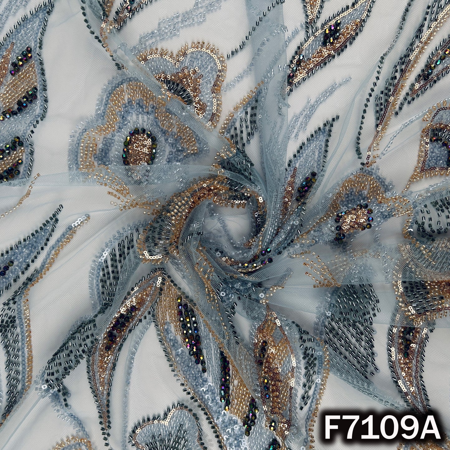 Cut Dana Sequins Crystal Beads Embroidered Net Fabric - F7109
