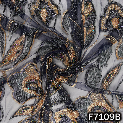 Cut Dana Sequins Crystal Beads Embroidered Net Fabric - F7109