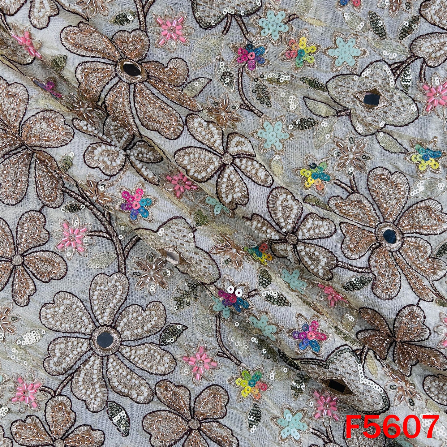 Dyeable Cut Dana Faux Mirror Zari Sequins Embroidered Shimmer Tissue Fabric - F5607