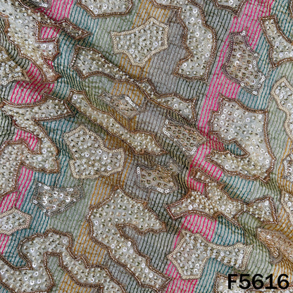 Cut Dana Thread Zari Sequins Pearl Embroidered Shimmer Tissue Fabric - F5616